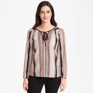 Women's Sanctuary Boho Print Tie Neck Blouse Orange/Black Size L